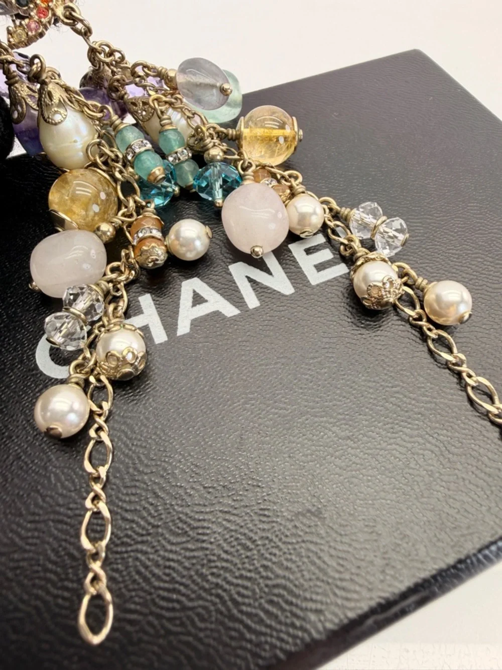 CHANEL Rainbow Strass Multi Stone Gold-Tone CC Drop Dangle Earrings